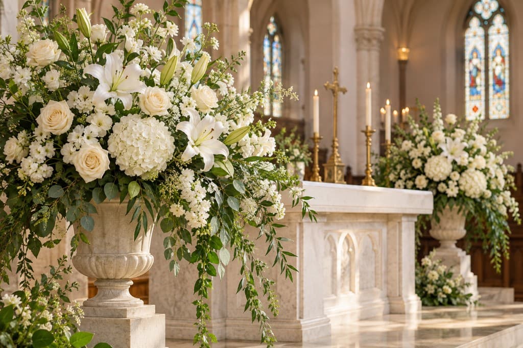 Fresh floral arrangement in a bright sacred space